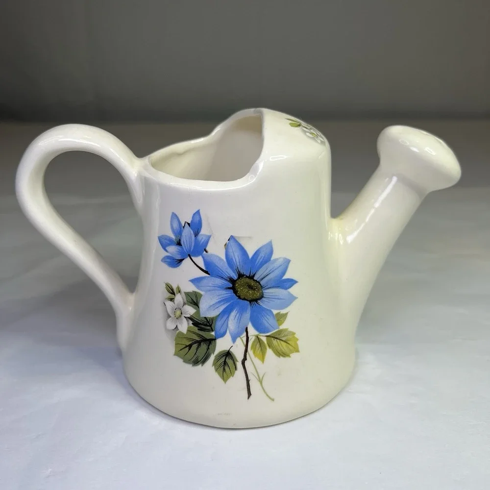 Vintage‎ White Ceramic Watering Can Planter w/ Blue Flower H4.5
